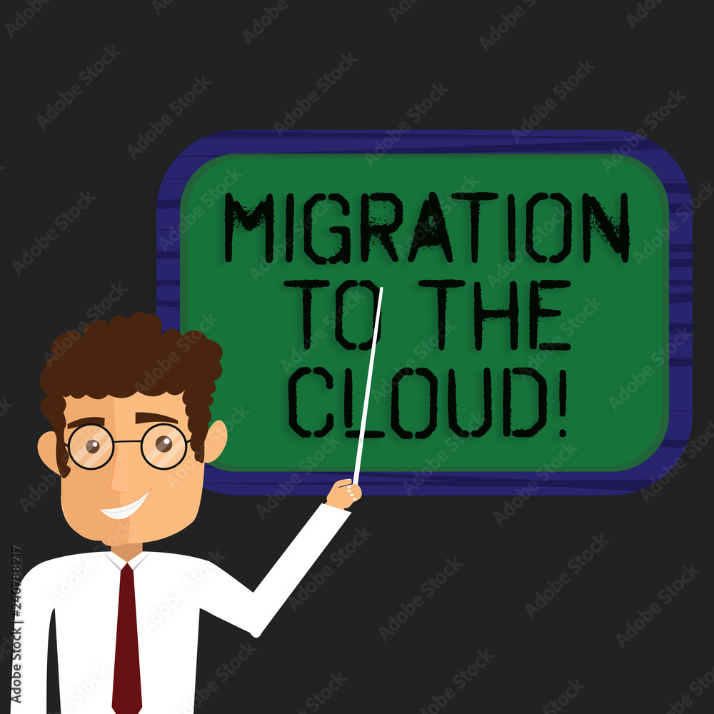 Writing note showing Migration To The Cloud. Business photo showcasing Transfer data to online file storage tools apps Man Standing Holding Stick Pointing to Wall Mounted Blank Color Board Writing note showing Migration To The Cloud. Business photo showcasing Transfer data to online file storage tools apps Man Standing Holding Stick Pointing to Wall Mounted Blank Color Board