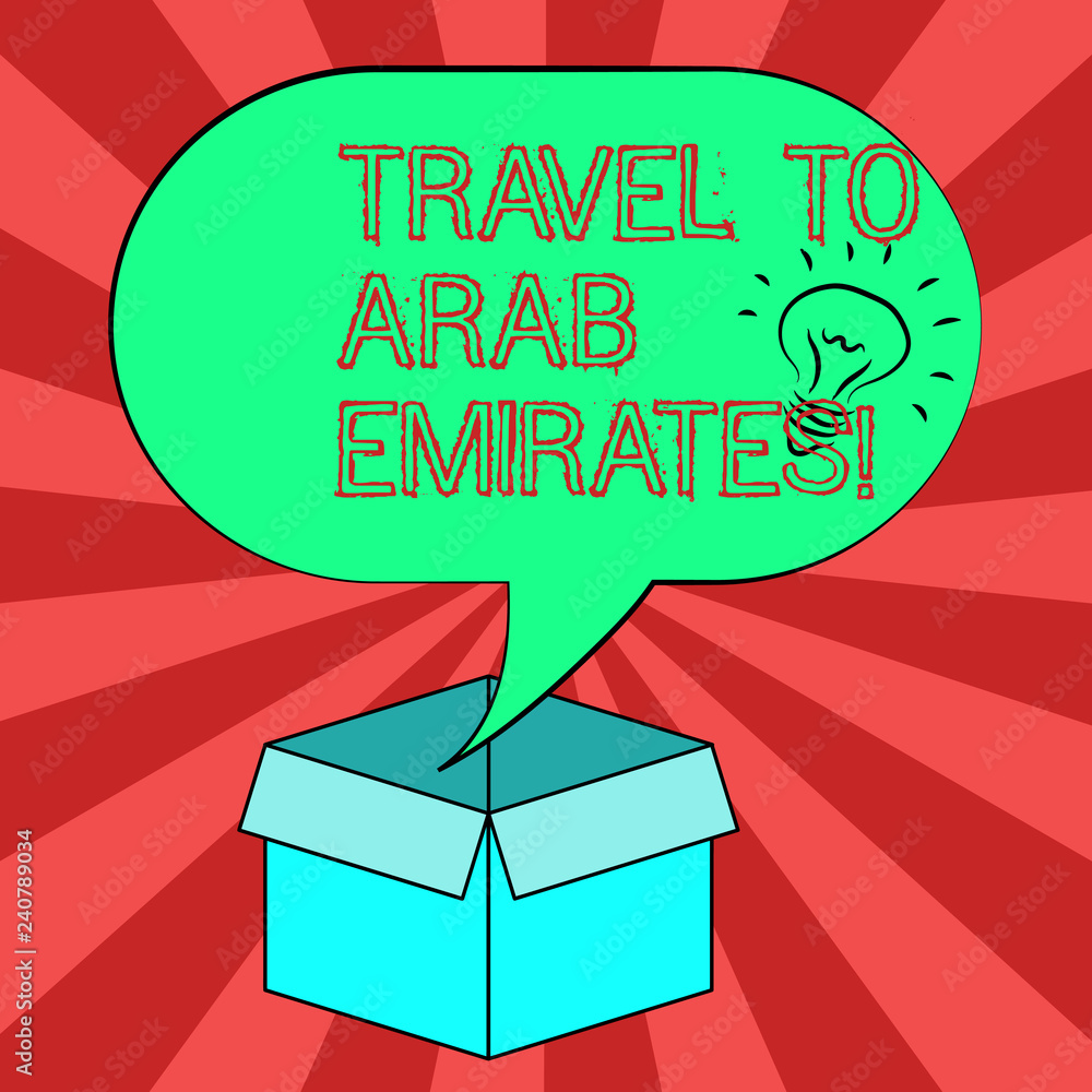 Fototapeta premium Conceptual hand writing showing Travel To Arab Emirates. Business photo showcasing Have a trip to the middle east know other cultures Idea icon in Blank Halftone Speech Bubble Over Carton Box