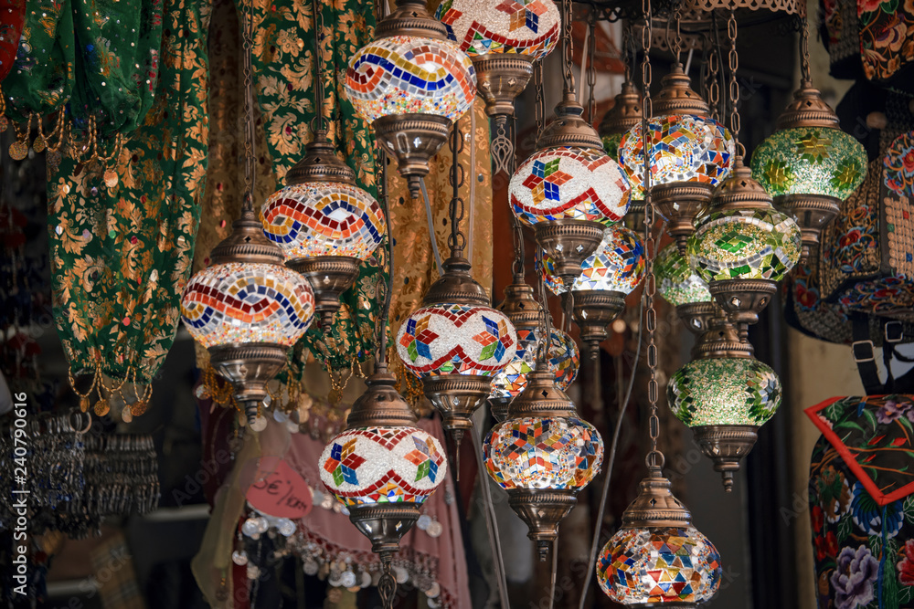 Traditional Ottoman style mosaic lamps for sale as souvenirs in a local bazaar