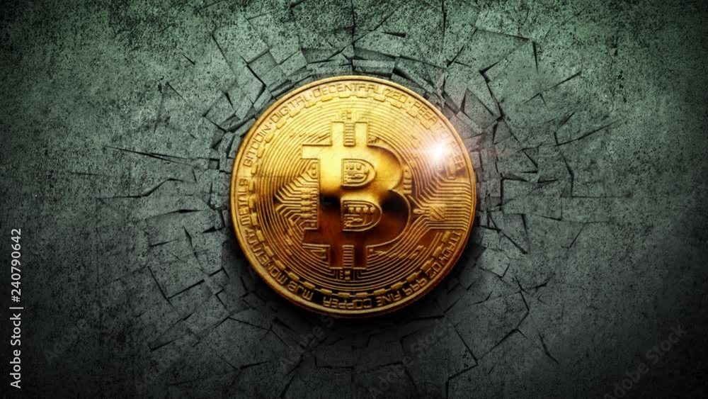 Bitcoin Wall Crash Black Hole 4K Loop features a bitcoin crashing into a wall creating cracks and then disintegrating into particles leaving behind an empty hole in a loop.