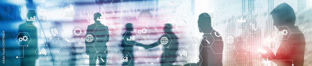 Double exposure mixed media. Diagrams and icons on hologram screen. Business people and modern city on background. Website header banner. Double exposure mixed media. Diagrams and icons on hologram screen. Business people and modern city on background. Website header banner.
