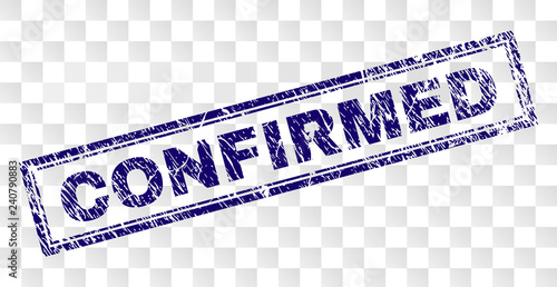 CONFIRMED stamp seal watermark with rubber print style and double framed rectangle shape. Stamp is placed on a transparent background. Blue vector rubber print of CONFIRMED text with dirty texture.