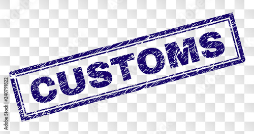 CUSTOMS stamp seal print with rubber print style and double framed rectangle shape. Stamp is placed on a transparent background. Blue vector rubber print of CUSTOMS text with unclean texture.