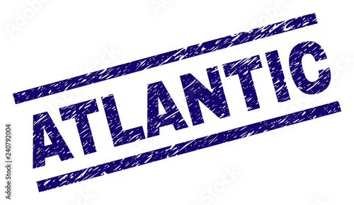 ATLANTIC seal print with distress style. Blue vector rubber print of ATLANTIC title with retro texture. Text title is placed between parallel lines.