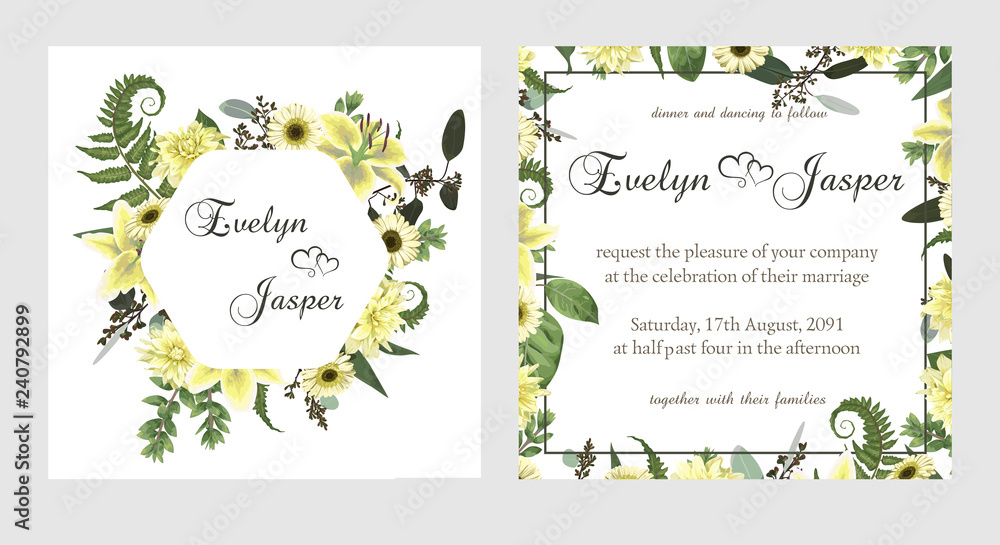 Set for wedding invitation, greeting card, save date, banner. Fern leaf, boxwood, brunia and eucalyptus. Flowers of white lily, gerbera, dahlia, brunia. Square, round