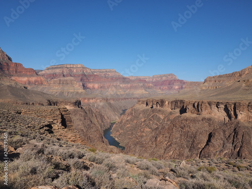 View of the Colorado River and the inner canyon from the Tonto Trail in Grand Canyon National Park, Arizona.