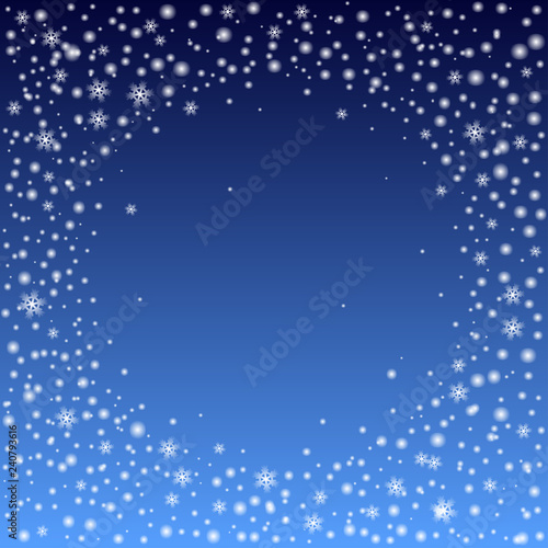 Snow round frame with snowflakes on dark blue background. Vector illustration