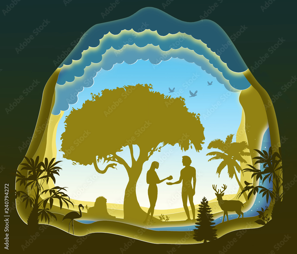 Adam and Eve. Garden of Eden. The Fall of Man. Paper art. Abstract, illustration, minimalism. - obrazy, fototapety, plakaty 