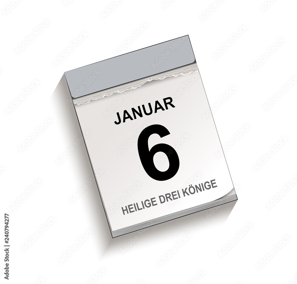 Kalender Januar 6, Hl drei Könige, Abreißkalender mit Datum, Vektor Illustration isoliert auf weißem Hintergrund Kalender Januar 6, Hl drei Könige, Abreißkalender mit Datum, Vektor Illustration isoliert auf weißem Hintergrund