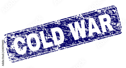 COLD WAR stamp seal print with grunge texture. Seal shape is a rounded rectangle with frame. Blue vector rubber print of COLD WAR label with unclean texture.