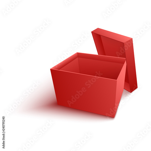 Open empty red paper box vector illustration in realistic 3d style isolated on white background. Template or mockup for surprise and congratulation or delivery concept.
