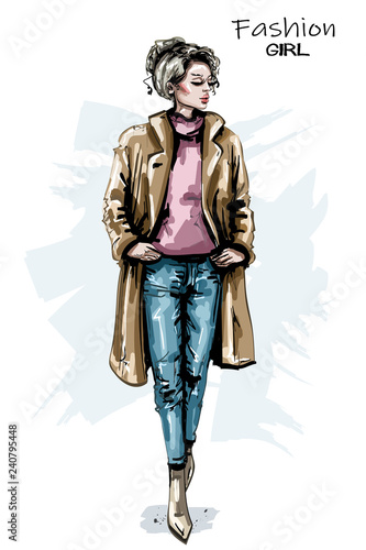 Hand drawn beautiful young woman fashion outfit. Stylish elegant girl. Fashion woman look. Sketch.
