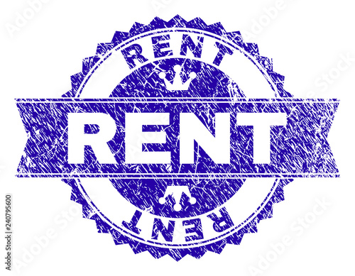 RENT rosette stamp watermark with distress texture. Designed with round rosette, ribbon and small crowns. Blue vector rubber watermark of RENT label with grunge style.