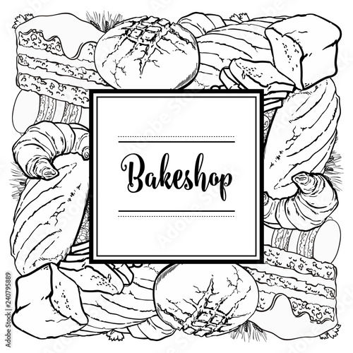 Vector bakeshop brand logo with loafs of white, brown rye bread, croissant, cake frame for name. Monochrome bakery menu background, illustration for cafe or restaurant. Baking food package template.