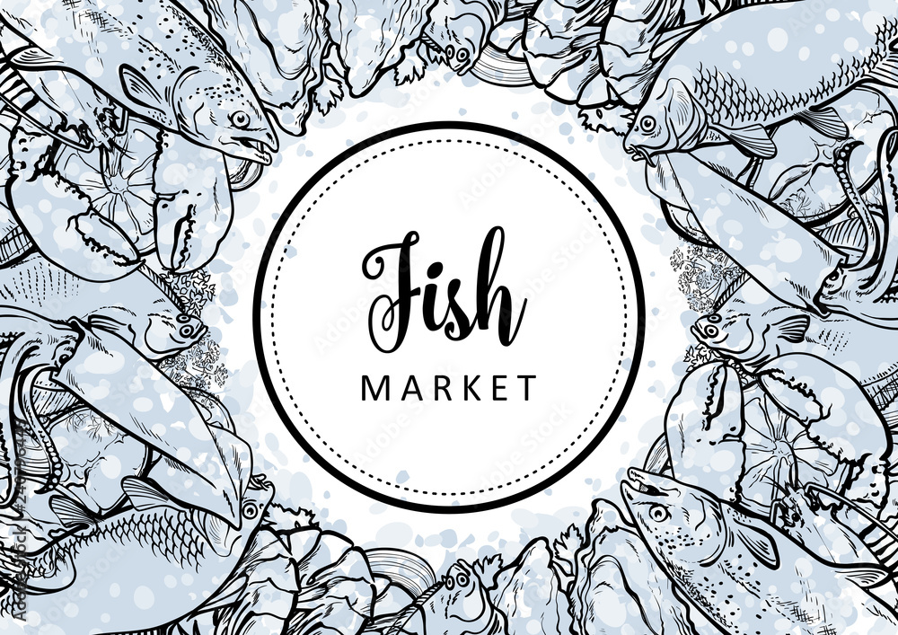 Vector fish market monochrome pattern, seafood restaurant, cafe logo ...