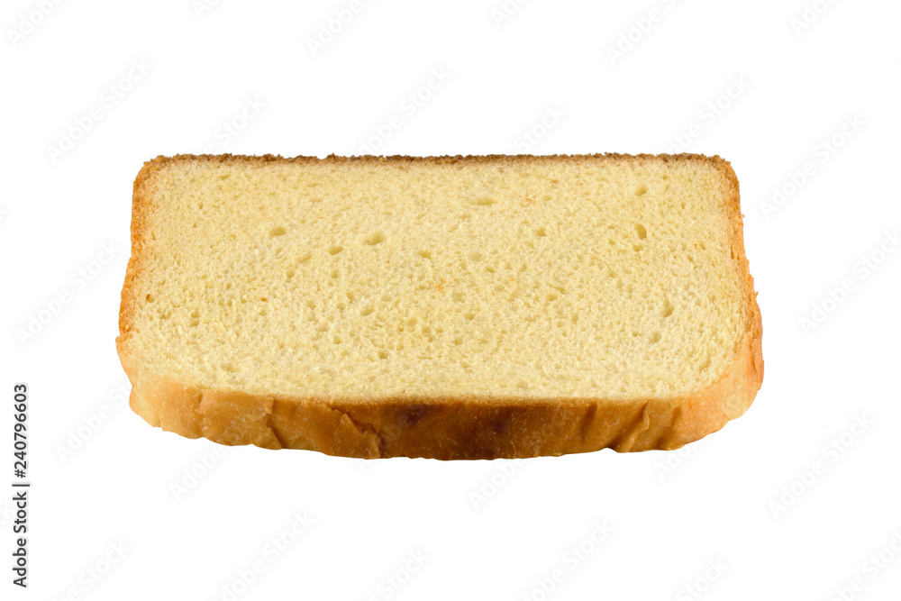 square slice of the toast bread isolated over the white background, side view
