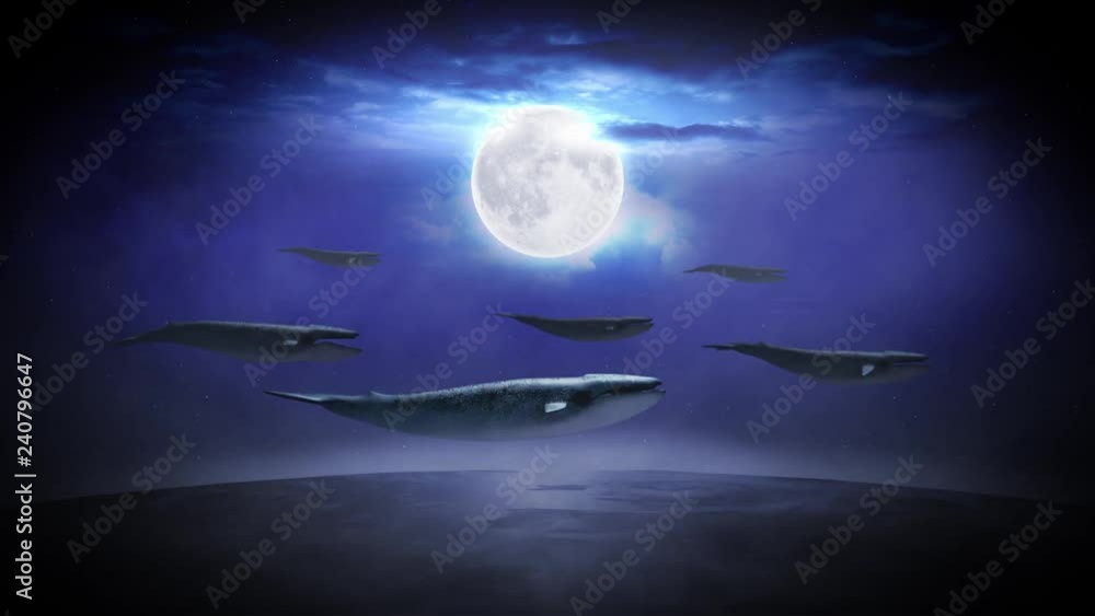 Whales in the Sky features whales swimming in the sky above the earth with the moon in the background in a cloudy atmosphere Whales in the Sky features whales swimming in the sky above the earth with the moon in the background in a cloudy atmosphere