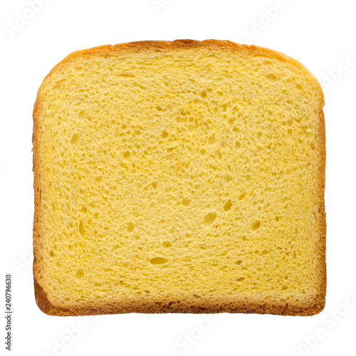 square slice of the yellow toast bread isolated over the white background, top view