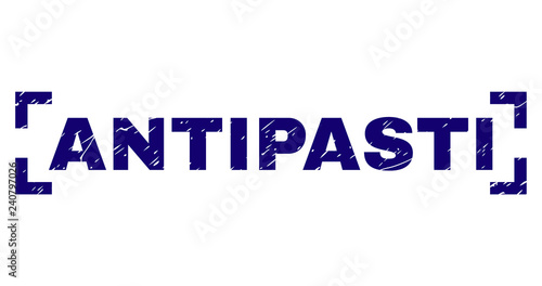 ANTIPASTI label seal print with distress texture. Text label is placed between corners. Blue vector rubber print of ANTIPASTI with corroded texture.