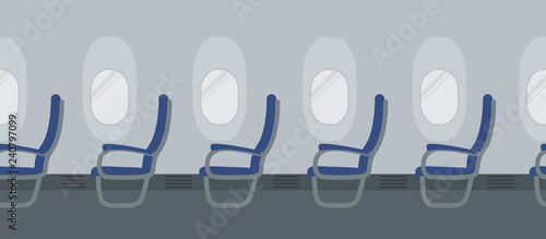 Aircraft interior. There are blue chairs on the portholes background in the picture. Vector illustration