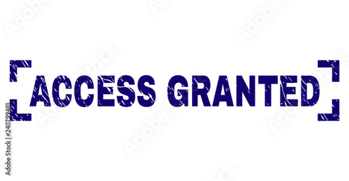 ACCESS GRANTED title seal print with grunge texture. Text caption is placed between corners. Blue vector rubber print of ACCESS GRANTED with grunge texture.