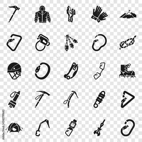 Mountaineering equipment icon set. Simple set of mountaineering equipment vector icons for web design