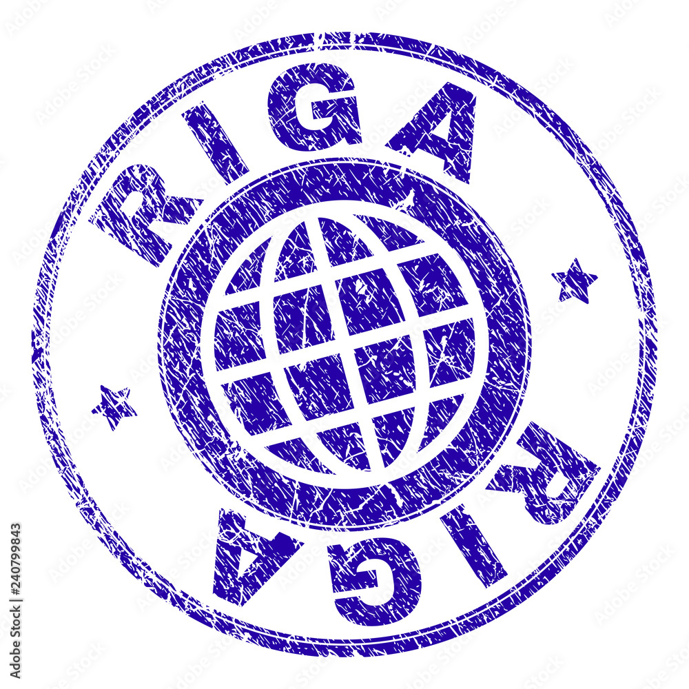 RIGA stamp imprint with grunge texture. Blue vector rubber seal imprint of RIGA text with dirty texture. Seal has words arranged by circle and planet symbol.