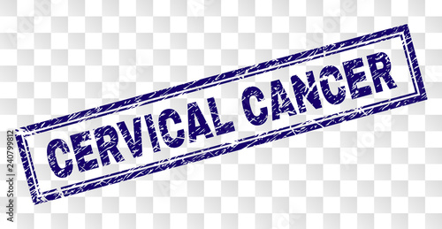 CERVICAL CANCER stamp seal print with distress style and double framed rectangle shape. Stamp is placed on a transparent background.