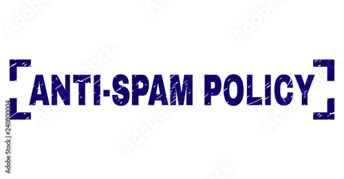 ANTI-SPAM POLICY caption seal print with grunge texture. Text caption is placed between corners. Blue vector rubber print of ANTI-SPAM POLICY with dust texture.