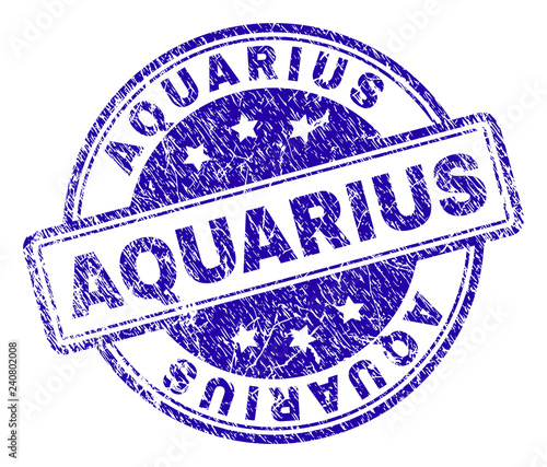 AQUARIUS stamp seal imprint with grunge texture. Designed with rounded rectangles and circles. Blue vector rubber print of AQUARIUS caption with grunge texture.
