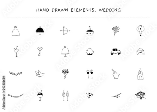 Wedding logo elements set. Vector hand drawn objects.