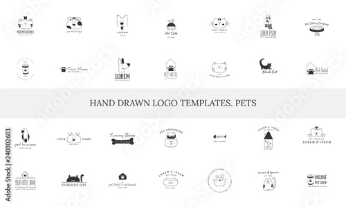 Set of vector hand drawn icons, domestic animals. Logo templates for pets related business.