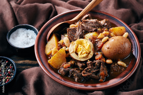 close-up of Traditional Jewish Cholent in a bowl