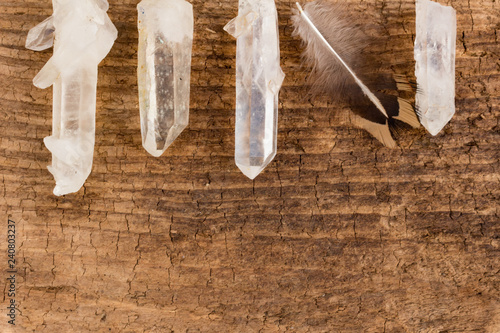 Quartz Crystals and Feather on Barn Wood