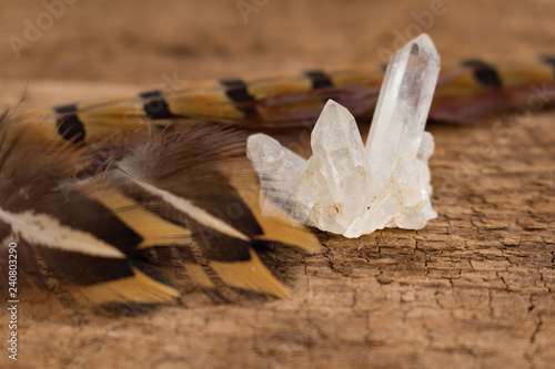 Tablou pe pânză Close Up Feathers and Quartz Crystals