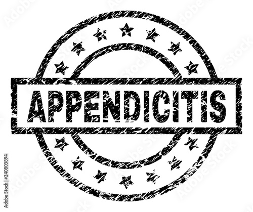 APPENDICITIS stamp seal watermark with distress style. Designed with rectangle, circles and stars. Black vector rubber print of APPENDICITIS tag with unclean texture.