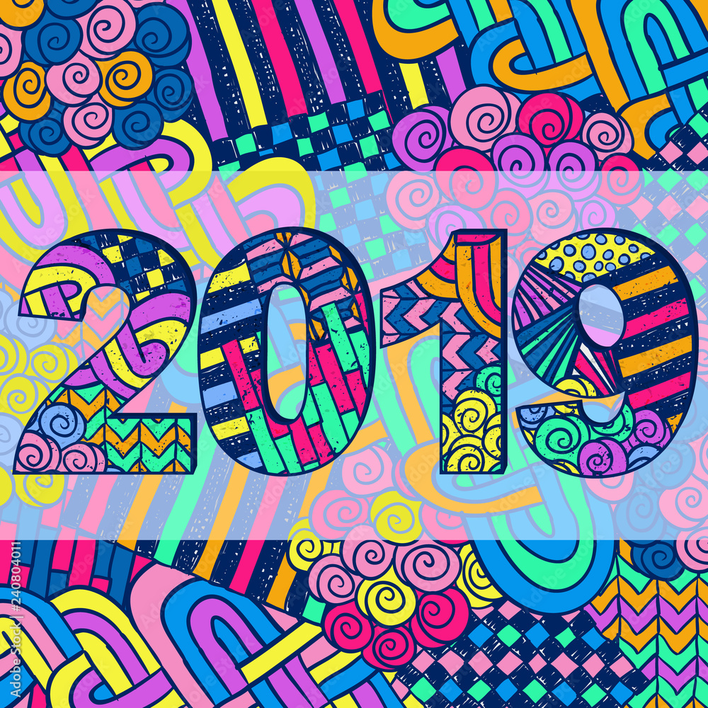 New Year 2019 doodle sign abstract background. Sketch holiday wallpaper. Zentangle numbers. Vector illustration for web design, celebration printed products, posters or cards. New Year 2019 doodle sign abstract background. Sketch holiday wallpaper. Zentangle numbers. Vector illustration for web design, celebration printed products, posters or cards.