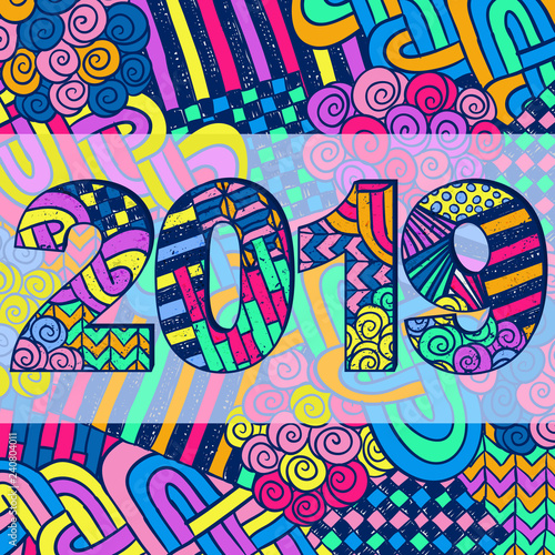 New Year 2019 doodle sign abstract background. Sketch holiday wallpaper. Zentangle numbers. Vector illustration for web design, celebration printed products, posters or cards.