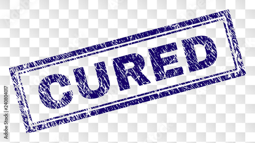 CURED stamp seal watermark with rubber print style and double framed rectangle shape. Stamp is placed on a transparent background. Blue vector rubber print of CURED caption with scratched texture.