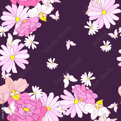 beautiful pink flowers   on a white  pattern