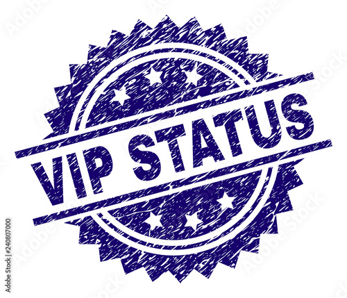 VIP STATUS stamp seal watermark with distress style. Blue vector rubber print of VIP STATUS label with scratched texture.