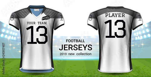 American Football or Soccer Jerseys Uniforms, Realistic Graphic Design Front and Back View for Presentation Mockup Template, Easy Possibility to Apply Your Artwork, Text, Image, Logo (Eps10 Vector)
