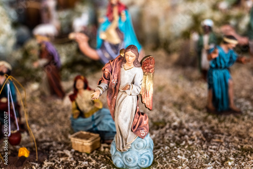 Religious figures of nativity scene at Christmas.