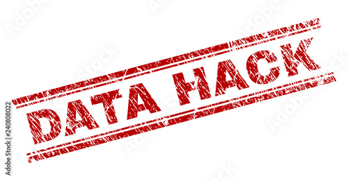 DATA HACK seal print with corroded texture. Red vector rubber print of DATA HACK text with corroded texture. Text title is placed between double parallel lines.