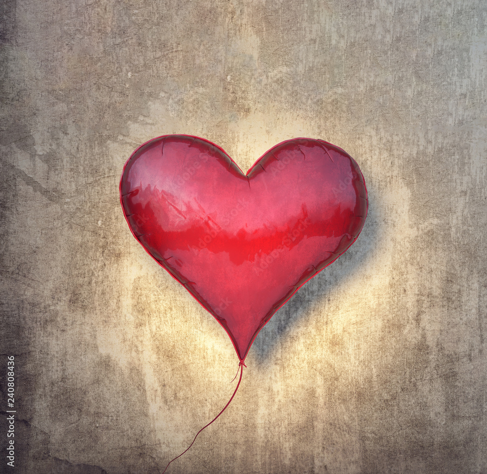 Red balloon in shape of a heart with grungy vintage wall Valentines background 3D Rendering