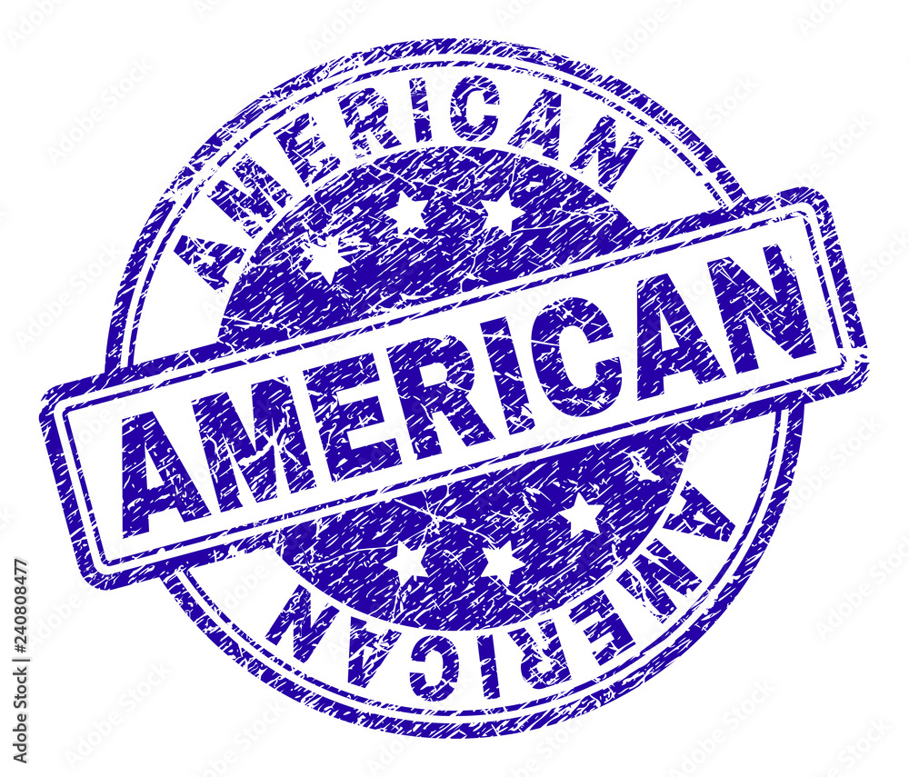 AMERICAN stamp seal imprint with grunge texture. Designed with rounded rectangles and circles. Blue vector rubber print of AMERICAN caption with dust texture. AMERICAN stamp seal imprint with grunge texture. Designed with rounded rectangles and circles. Blue vector rubber print of AMERICAN caption with dust texture.