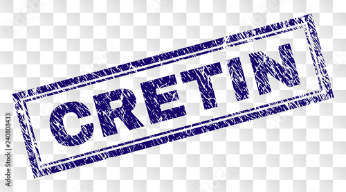 CRETIN stamp seal print with rubber print style and double framed rectangle shape. Stamp is placed on a transparent background. Blue vector rubber print of CRETIN title with dirty texture.