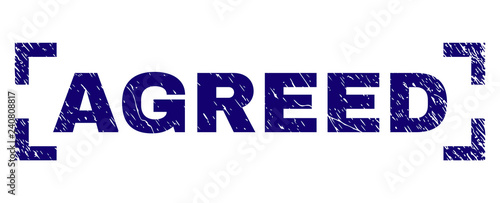 AGREED text seal stamp with grunge texture. Text label is placed between corners. Blue vector rubber print of AGREED with unclean texture.