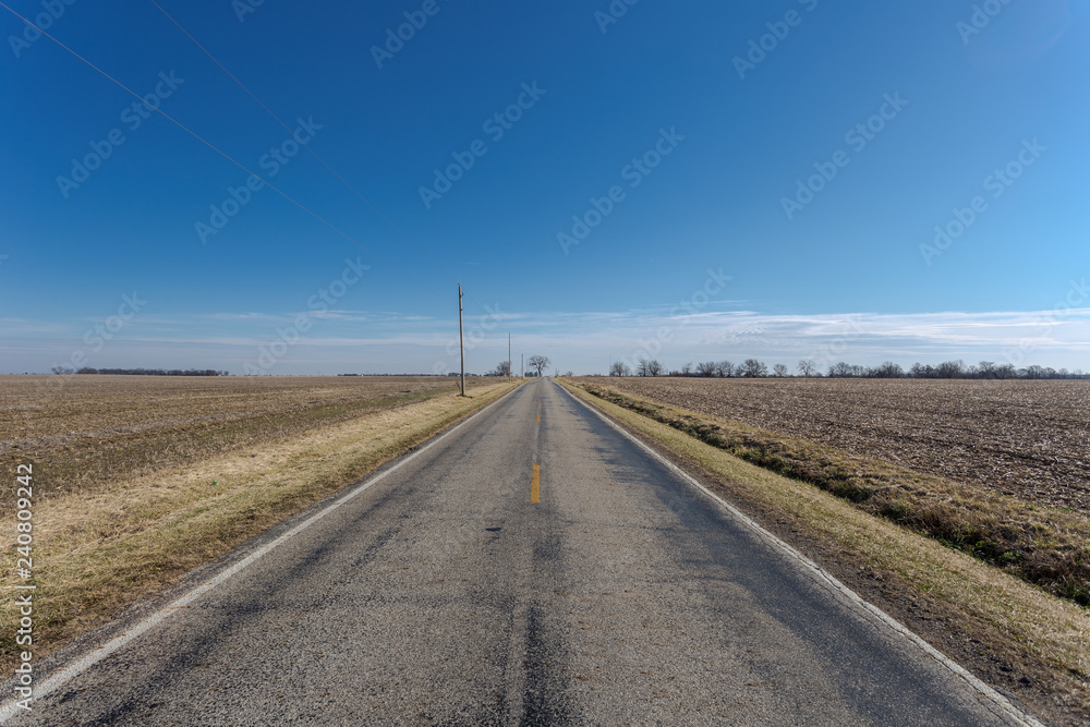 Clear road in middle of farmland on clear blue day