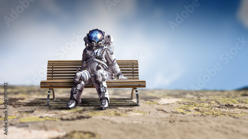 Obraz na płótnie Rocketman on bench. Mixed media